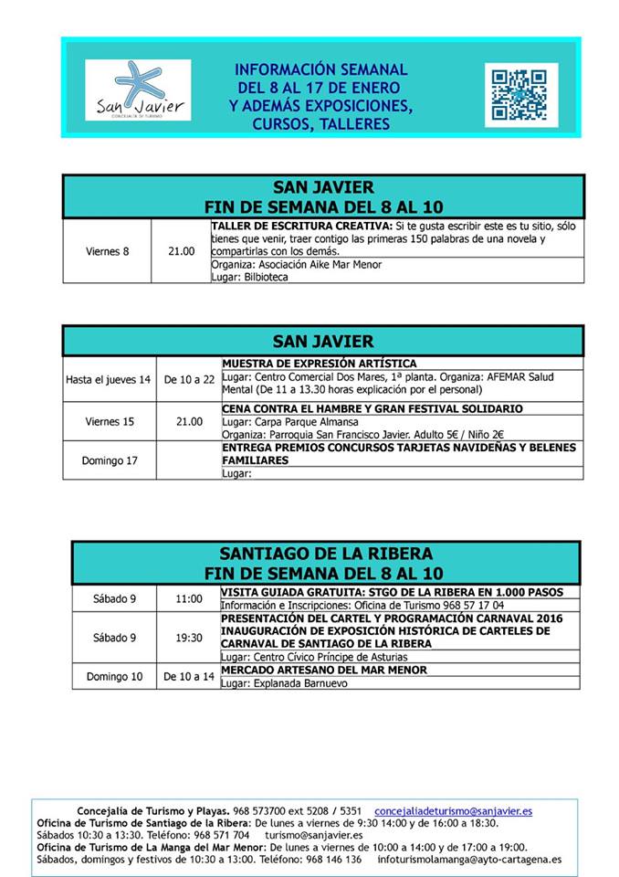 Información actividades del 8 Enero 2016 al 17 de Enero 2016